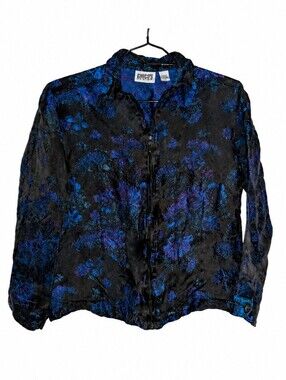 Vintage Chico’s Design Silk Floral Zip Jacket Blue Black